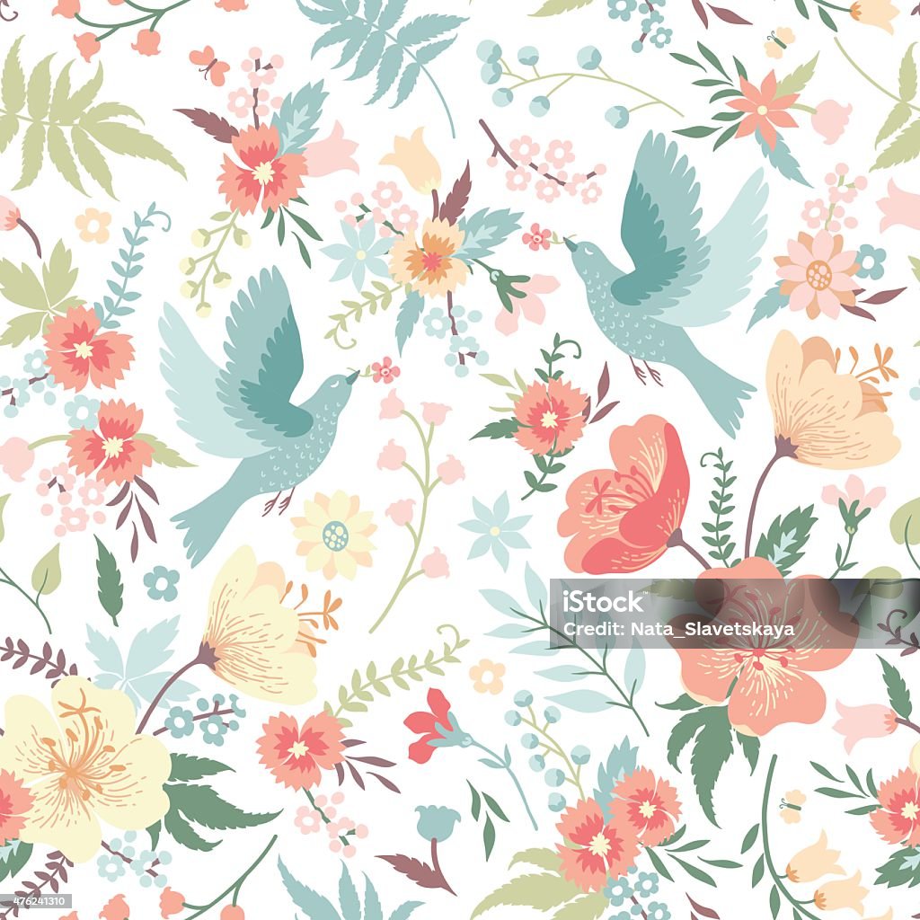 Seamless pattern with birds and flowers. Cute vector seamless pattern with birds and flowers in pastel colors. Flower stock vector