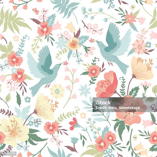 Seamless Pattern With Birds And Flowers Stock Illustration - Download Image Now - Flower, Bird, Backgrounds