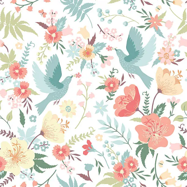 Vector illustration of Seamless pattern with birds and flowers.