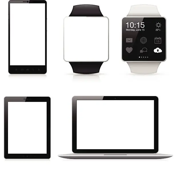 Vector illustration of Mobile phone, Smart watch, Tablet and Laptop with blank screen