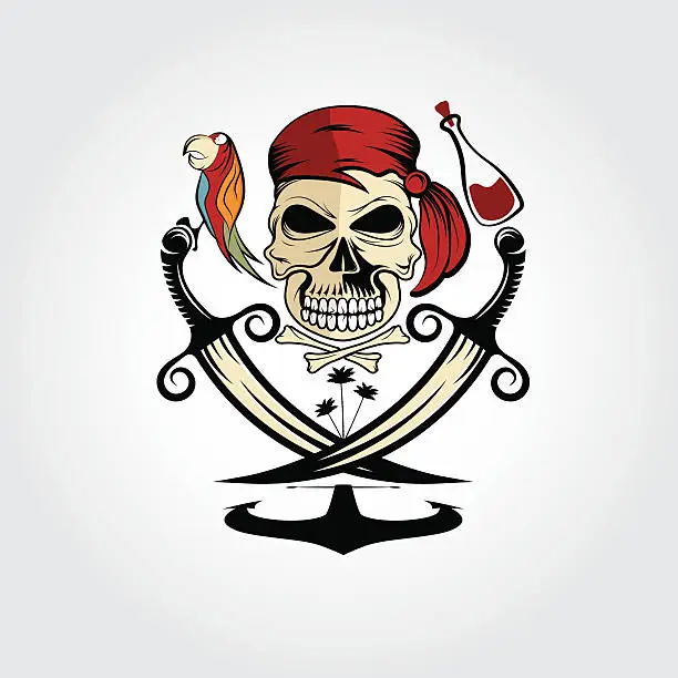 Vector illustration of pirate skull with parrot,rum,anchor and palms