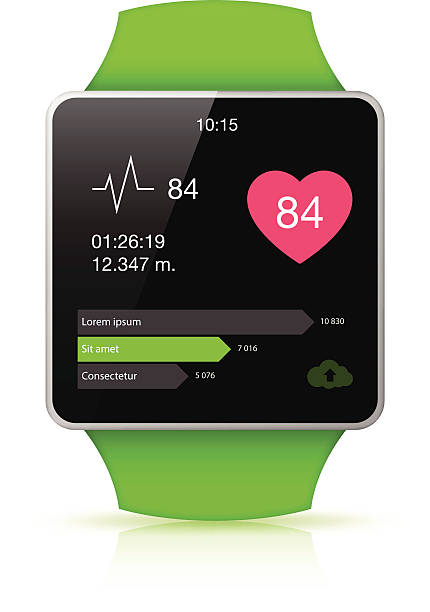 зеленый смарт-часы с медицинской приложение значок на экране - pulse clock stock illustrations