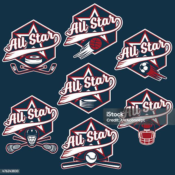 Set Of Vintage Sports All Star Crests Stock Illustration - Download Image Now - 2015, Backgrounds, Badge