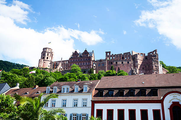 Heidelberg, Germany – February 12, 2023: An elevated view of the historic Heidelberg cityscape, showing traditional houses, the Neckar river, the old bridge, and densely forested hills.