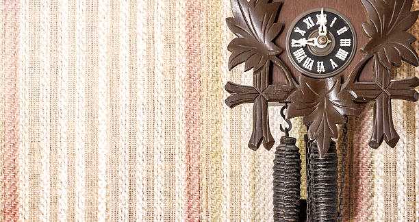 istock Wooden Cuckoo clock on old vintage wallpaper 476245406