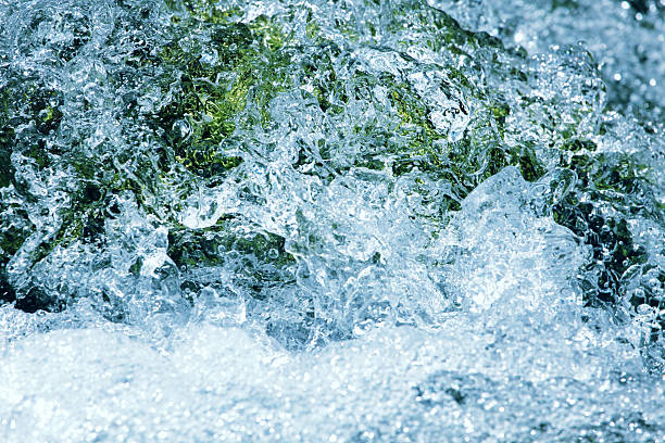 Close-up of rapidly mountain stream, running water , shot taken with shutter speed 1/8000 s. The water is flowing over a rock with  green moss in sunlight. 