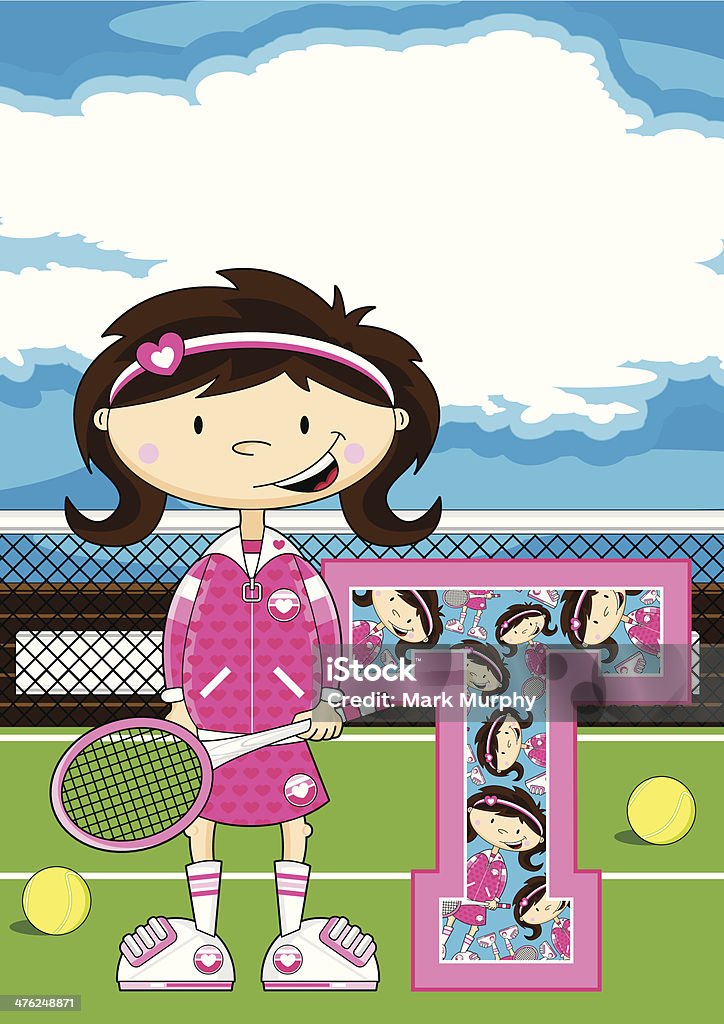 Tennis ragazza di apprendimento Lettera T - arte vettoriale royalty-free di Abbigliamento sportivo