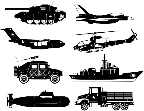 War Vehicles Black & White, with tank, war plane, war air craft, war missile air craft, helicopter, transporter, ship, war ship, war submarine, war cargo truck. Vector illustration.