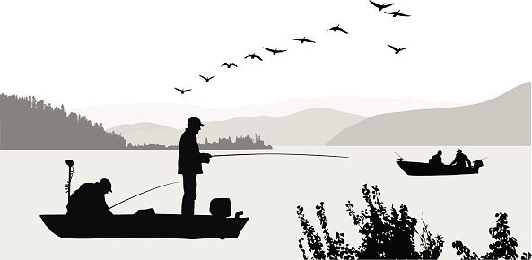 A vector silhouette illustration of two elderly men fishing off a small fishing boat in the middle of a large lake.