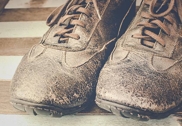 Brown leather shoes on wooden background (shoes, leather, foot)