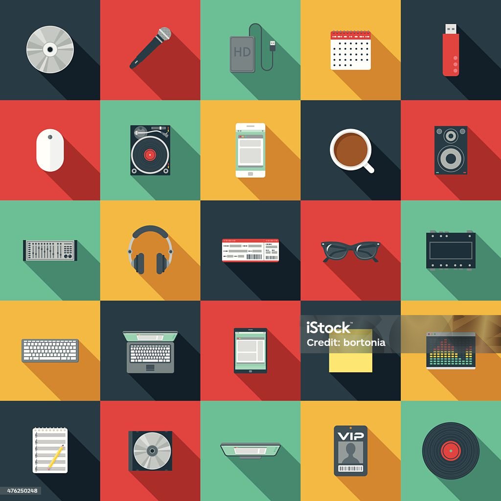 Flat Design Music Elements Icon Set An overhead view of items you might find on the desk of a DJ (disk jockey), including: Laptop, tablet, smart phone, computer, turntable, headphones, splitter, speaker, CDs, records, microphone, hard drive, equalizer software, VIP pass, concert ticket, USB Flash drives, mixer, and so on. No gradients or transparencies used. File is organized into layers and each icon is properly grouped for easy editing. Icon Symbol stock vector