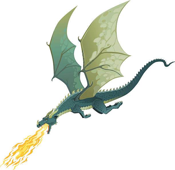 flying dragon atmen feuer-isoliert - dragon stock-grafiken, -clipart, -cartoons und -symbole