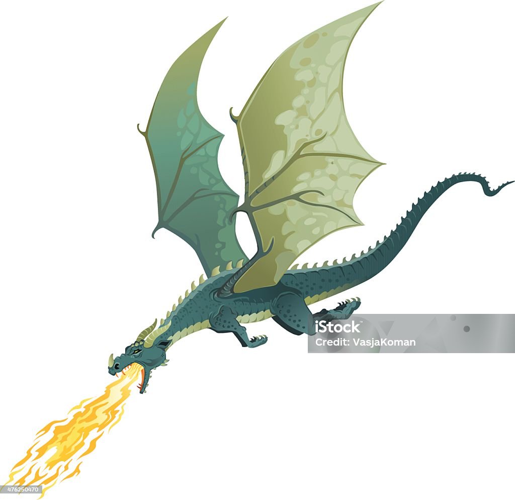 Flying Dragon Breathing Fire - Isolated All images are placed on separate layers. They can be removed or altered if you need to. Some gradients were used. No transparencies.  Dragon stock vector