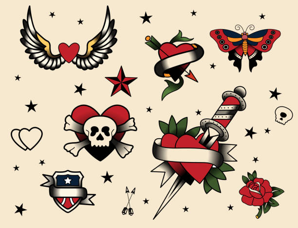 Tattoo Flash Set Tattoo Flash Set Vector Illustration Icon Cartoon. pics for heart shape design stock illustrations