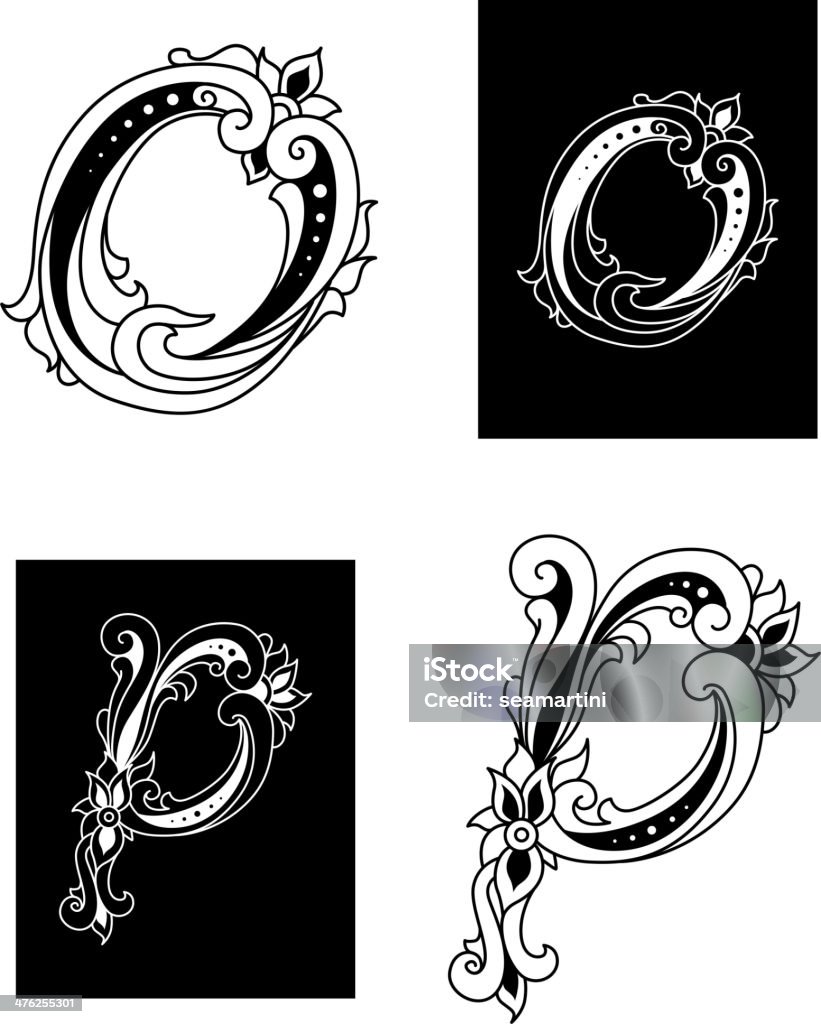 Lettere O, P con decorazioni floreali - arte vettoriale royalty-free di Alfabeto