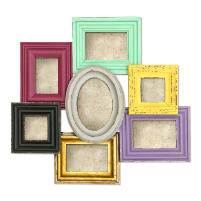 vintage style rustic framework with grungy canvas isolated on white background. multicolor frames for photo and picture. shabby chic