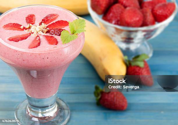 Cocktail Of Banana And Strawberry Yogurt Stock Photo - Download Image Now - Banana, Berry Fruit, Cocktail