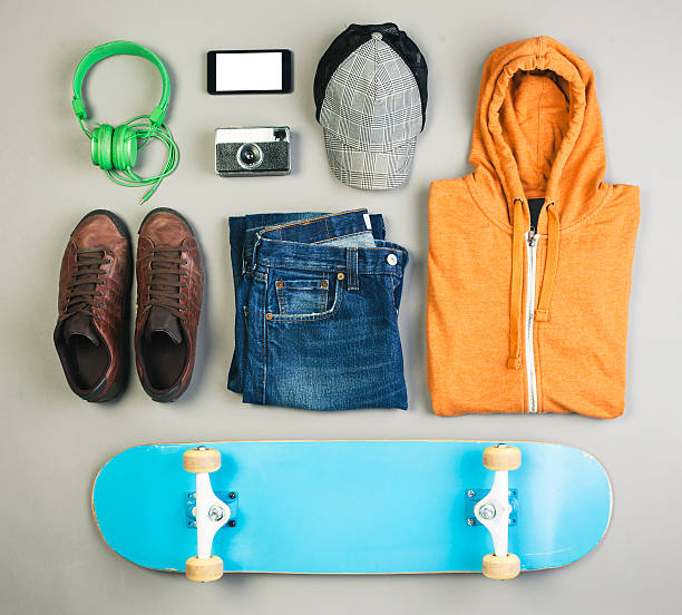 istock Outfit of skater man on grey background. 476264441