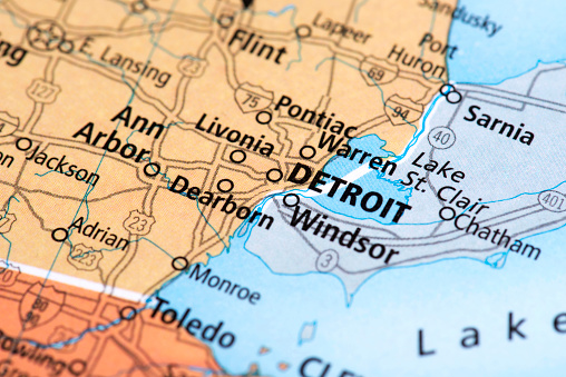 Map of Detroid in Michigan State, USA. Detail from the World Map.