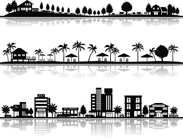 Various city Illustration in the town farm silhouettes stock illustrations