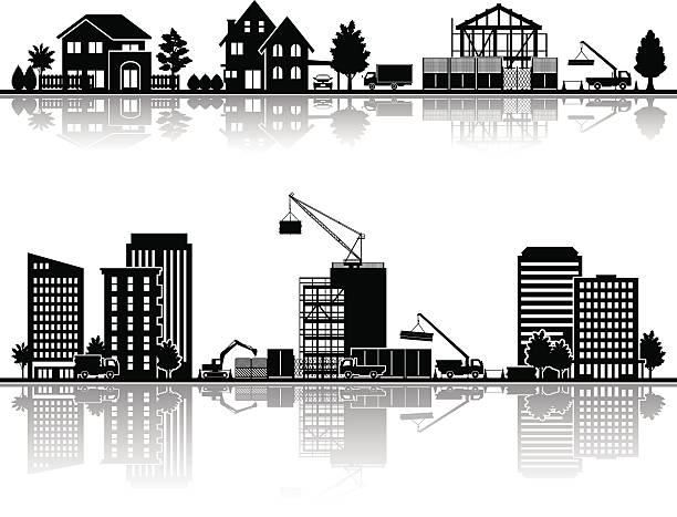ilustrações, clipart, desenhos animados e ícones de vários cidade/construção - silhouette crane construction construction site