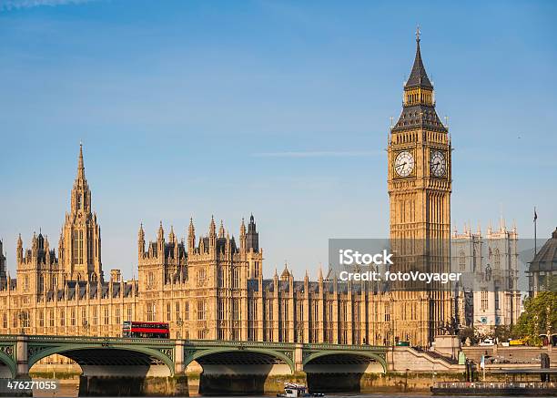 London Big Ben Westminster Bridge Parliament Red Bus Thames Uk Stock Photo - Download Image Now