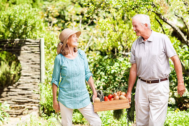 istock Senior Couple Looking At Each Other While Carrying Vegetable Cra 476273996
