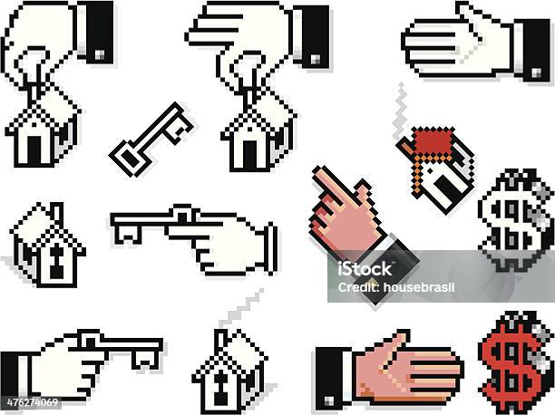Pikselowany Ręce Z Domy I Klucze - Stockowe grafiki wektorowe i więcej obrazów Pikselowany - Pikselowany, Symbol dolara, Białe tło