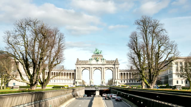 HD zoom in time-lapse: Triumphal Arch Cinquantenaire Parc Brussels Belgium
