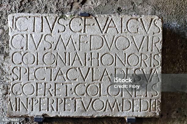 Roman Inscription In Amphitheatre At Pompeii Stock Photo - Download Image Now - Stone - Object, Latin Script, Stone Material