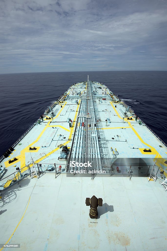 Tanker Wide angle view of the supertanker’s deck. Ship Stock Photo