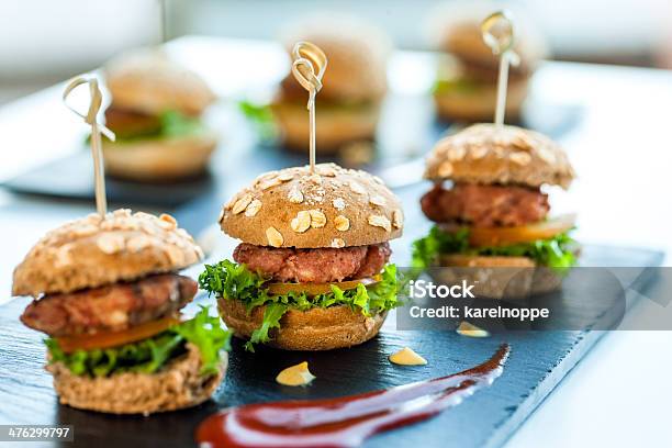 Multiple Min Beef Hamburgers Stock Photo - Download Image Now - Small, Food, Buffet