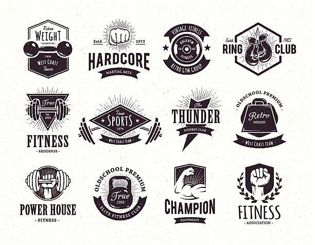 ilustrações, clipart, desenhos animados e ícones de retrô emblems ginástica - barbell exercising sport gym