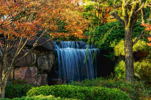 small waterfall in autumn Japan stock photo