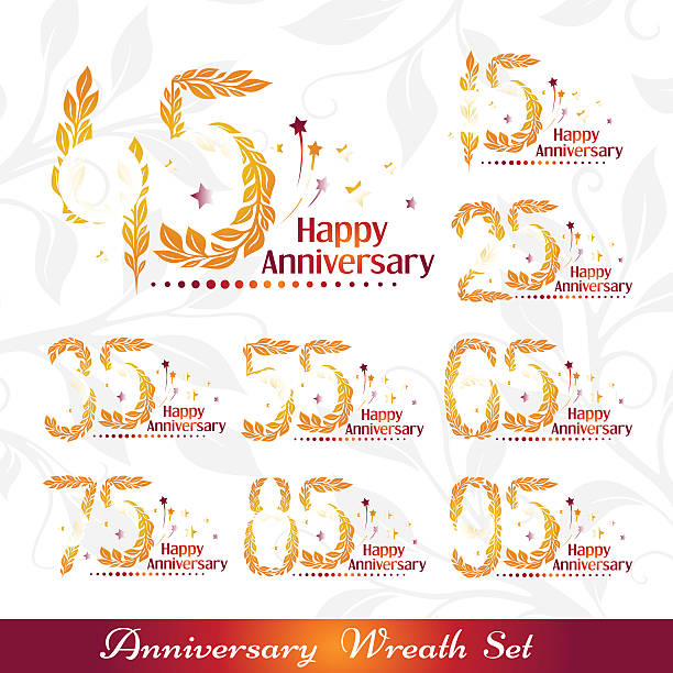 Anniversary emblems from wreath Anniversary emblems set. Celebration icons with numbers from leaves and fireworks. 15th, 25th, 35th, 45th, 55th, 65th, 75th, 85th, 95th sign collection. number 58 stock illustrations