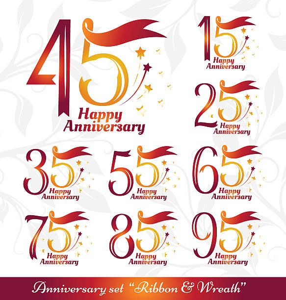 Anniversary emblems ribbons and wreath Anniversary emblems set. Celebration icons with numbers from ribbons and fireworks. 15th, 25th, 35th, 45th, 55th, 65th, 75th, 85th, 95th sign collection. $69 stock illustrations