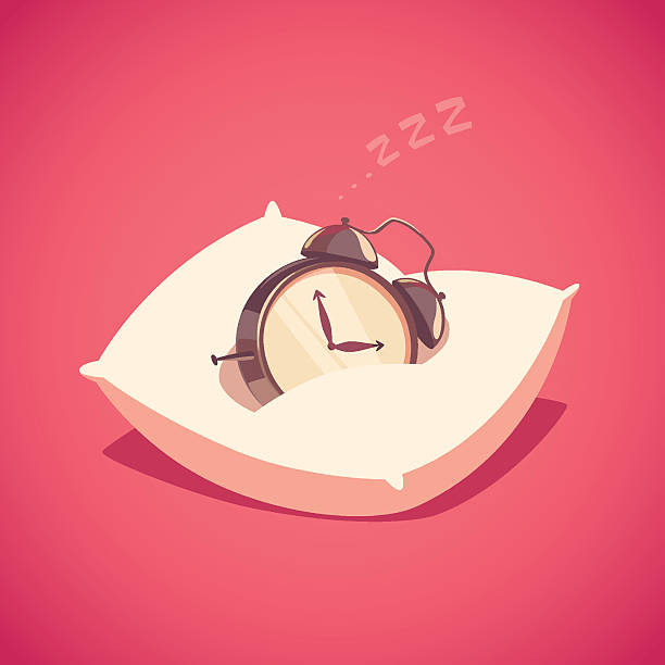 Sleeping alarm clock. Alarm clock is sleeping on the pillow. Isolated object  background. sleep stock illustrations