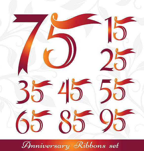 Anniversary emblems from ribbons Anniversary emblems set. Celebration icons with numbers from ribbons. 15th, 25th, 35th, 45th, 55th, 65th, 75th, 85th, 95th sign collection. number 58 stock illustrations