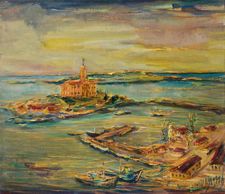 An oil painting on canvas of a colorful seaside scene with boats docked in the harbor and yellow sunset over the small coastal town.
