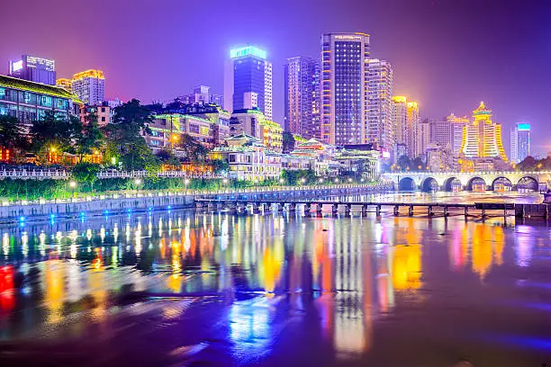 Guiyang, China cityscape on the river.