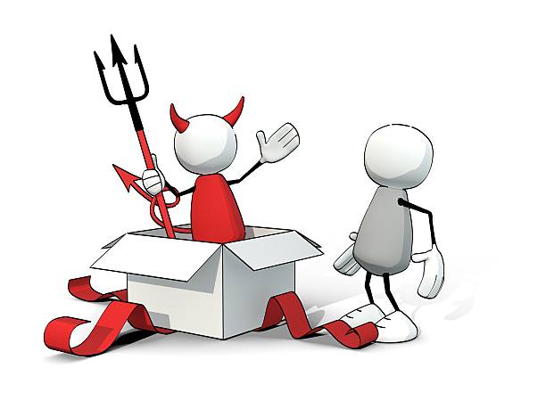 little sketchy man - devil jumping out of a gift-box little sketchy man surprised by a devil jumping out of a gift box schenken stock pictures, royalty-free photos & images