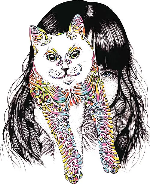 Vector illustration of Girl With Cat Hand Drawn Ink Vector Illustration