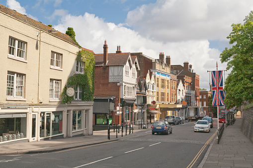 Central street in Windsor, Berkshire, England with ancient historical buildings