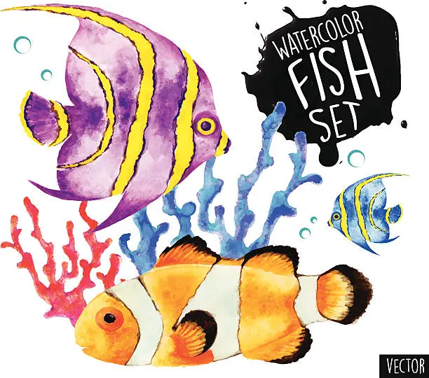 Vector illustration of Watercolor Fish Vector Set