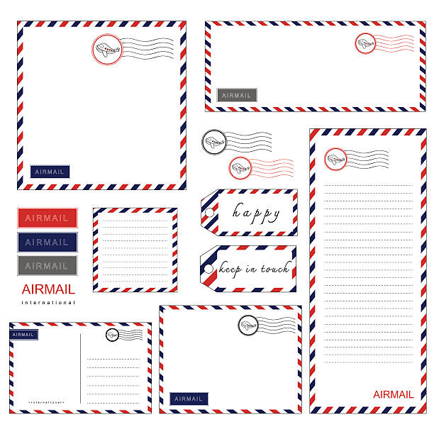 airmail bürobedarf-set - air mail envelope letter mail stock-grafiken, -clipart, -cartoons und -symbole