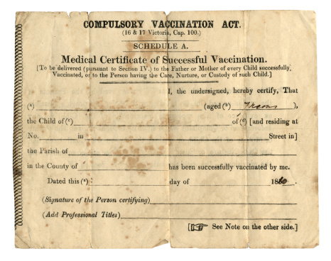 Old British certificados de vacunación, 1860 photo
