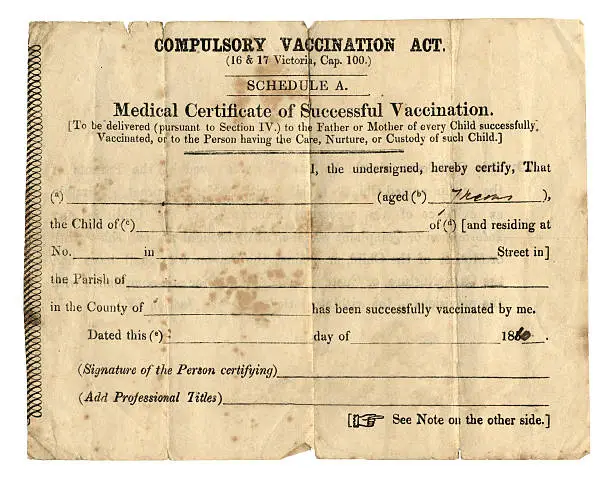 Photo of Old British vaccination certificate, 1860