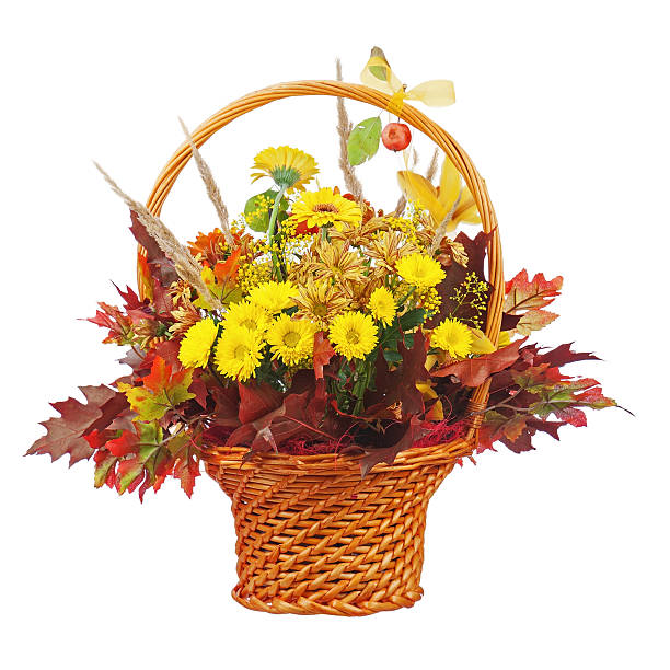 istock Flowers bouquet arrangement centerpiece in wicker basket isolate 476320385