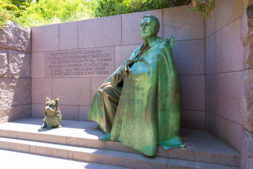 Franklin Delano Roosevelt Memorial with dog in Washington DC USA