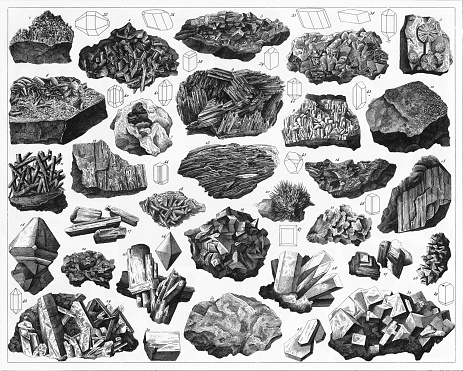 Engraved Illustrations of Minerals and Their Crystalline Forms from Iconographic Encyclopedia of Science, Literature and Art, Published in 1851. Copyright has expired on this artwork. Digitally restored.